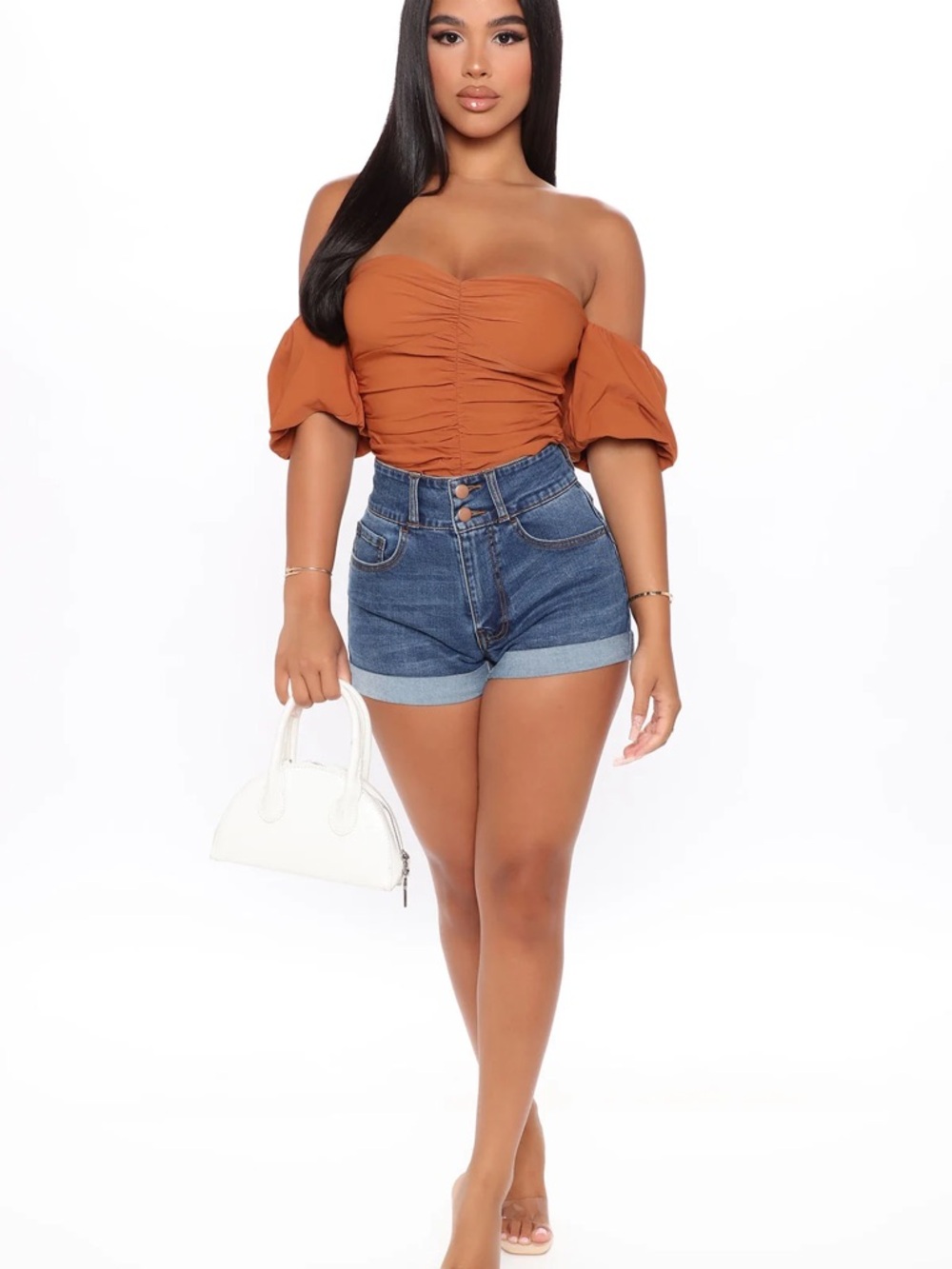 Fashion Nova NWT With Desire Bodysuit in Rust Off-Shoulder Ruched Puff Sleeves